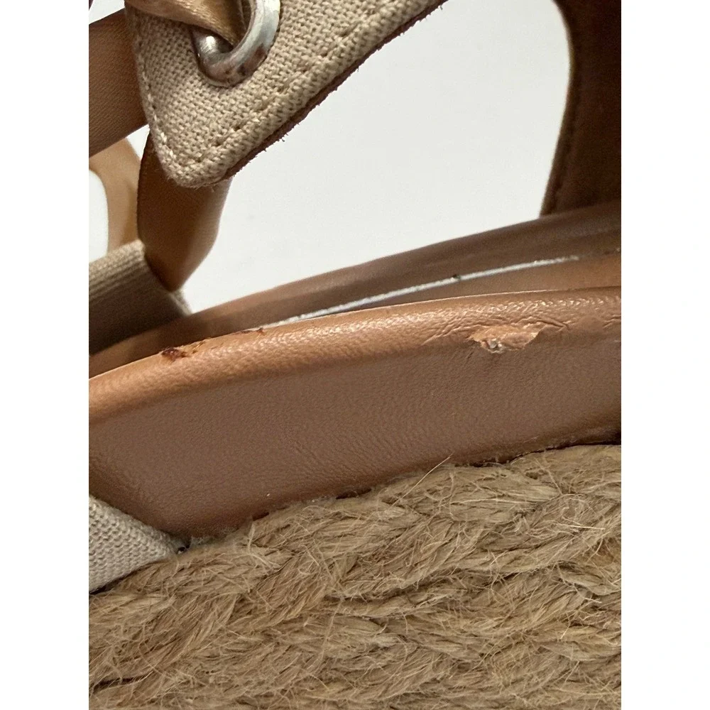 Vionic Kaitlyn Tan Canvas Ribbon Lace Up Espadrille Wedge Sandals Womens 7 Wide